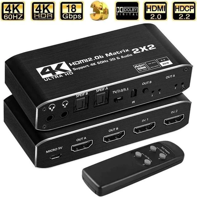 Main image of 2x2 HDMI Matrix Switch 4K - 4K 60Hz RGB 4:4:4/8:8:8(Dolby ATMOS) 18Gbps HDR10 Control via Remote, 2xSPDIF Audio, 2x3.5mm L/R Audio Audio Extractor, 2 in 2 Out Video Matrix Switch (OZJ6)