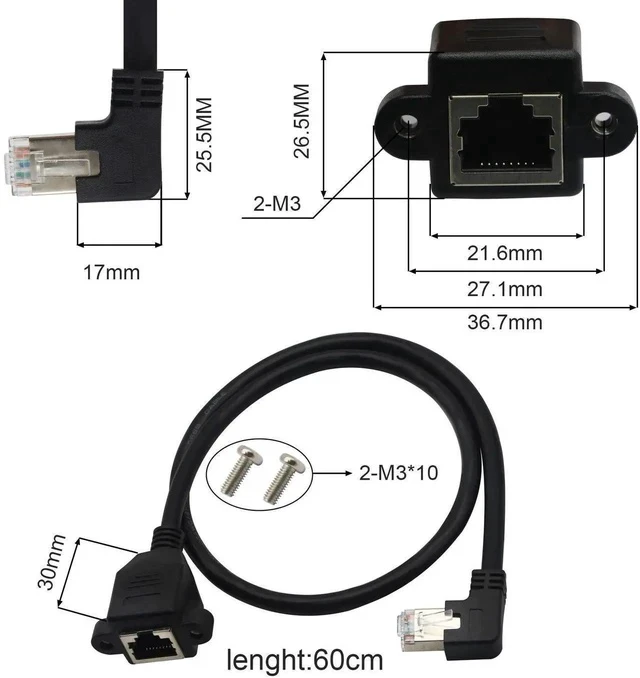 Alt view image 5 of 7 - Panel Mount RJ45,RJ45 Male to Female 90 Degree Screw Panel Mount CAT6, CAT5e, CAT5 Shielded Network LAN Extender Cord Connector (Angled Right) 60CM