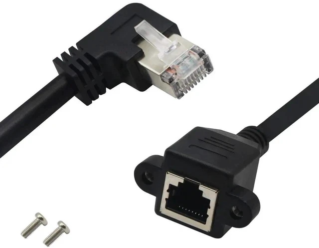 Alt view image 4 of 7 - Panel Mount RJ45,RJ45 Male to Female 90 Degree Screw Panel Mount CAT6, CAT5e, CAT5 Shielded Network LAN Extender Cord Connector (Angled Right) 60CM