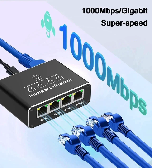 Alt view image 4 of 7 - 1 to 4 Gigabit Ethernet Splitter, 1000Mbps RJ45 Mini Network Switch LAN Splitter Adapter, Supports 4 Devices Online Simultaneously, Compatible with Cat5/Cat5e/Cat6/Cat7/Cat8 Cables