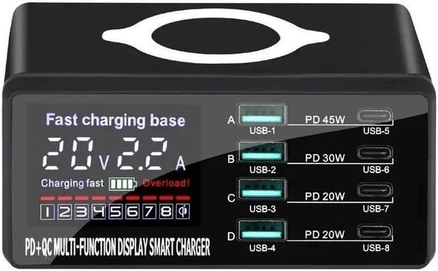 Main image of 110W 8 Port USB C Charging Station Hub Block Charger Power Strip Adapter Plug Cube, 4C4A (C1 45W + C2 30W+C3/C4 20W) + 15W Wireless Charging, USB C Fast Charger for Cell Phone, Tablet