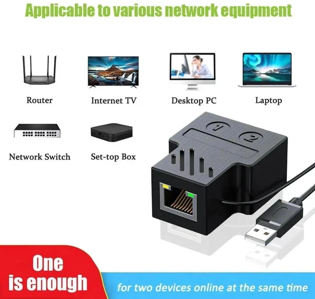 Alt view image 5 of 7 - 1 to 2 RJ45 Gigabit Ethernet Splitter, Mini 2-Port Network Switch with USB Power Supply Cable, Compatible with Cat5/Cat6/Cat7/Cat8 Cables, Supports Two Devices Online Simultaneously