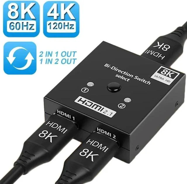 Main image of Bi-Directional HDMI 2.1 Switch 2 in 1 Out /1 in 2 Out Aluminum HDMI Selector Switcher, Supports 8K@60Hz & 4K@120Hz Ultra HD for PS, Xbox, Fire Stick, HDTV & Gaming
