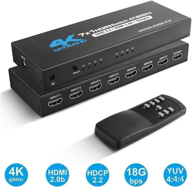 Main image of HDMI Switch 7x1 HDMI Switcher 7 in 1 Out HDMI Switch Selector 7 Port Box with IR Remote Control HDMI 2.0 HDCP 2.2 Support 4K@60Hz Ultra HD 3D 2160P 1080P