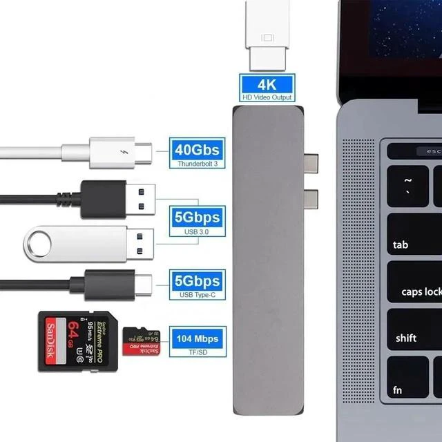 Alt view image 3 of 5 - 7-in-1 USB-C Multiport Hub Adapter with 4K HDMI, Dual USB 3.0, Dual USB-C Data Ports, SD & TF Card Reader, Compatible with MacBook Pro/Air, iMac, Mac Mini, iPhone 15 Series