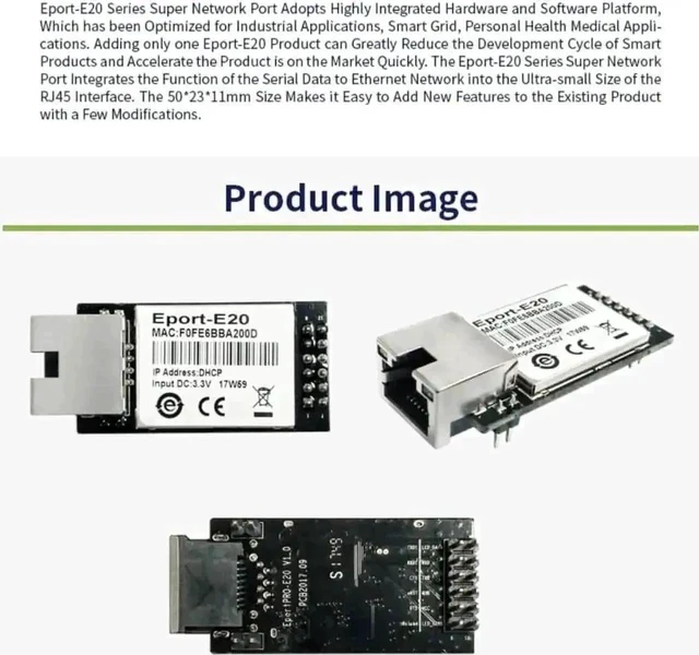 Alt view image 6 of 7 - 10 Pack Eport-E20 TTL Serial to Ethernet Embedded Module, FreeRTOS TCP/IP MCU Network Converter 3.3V Low Voltage, Supports DHCP & Telnet for IoT Secondary Development
