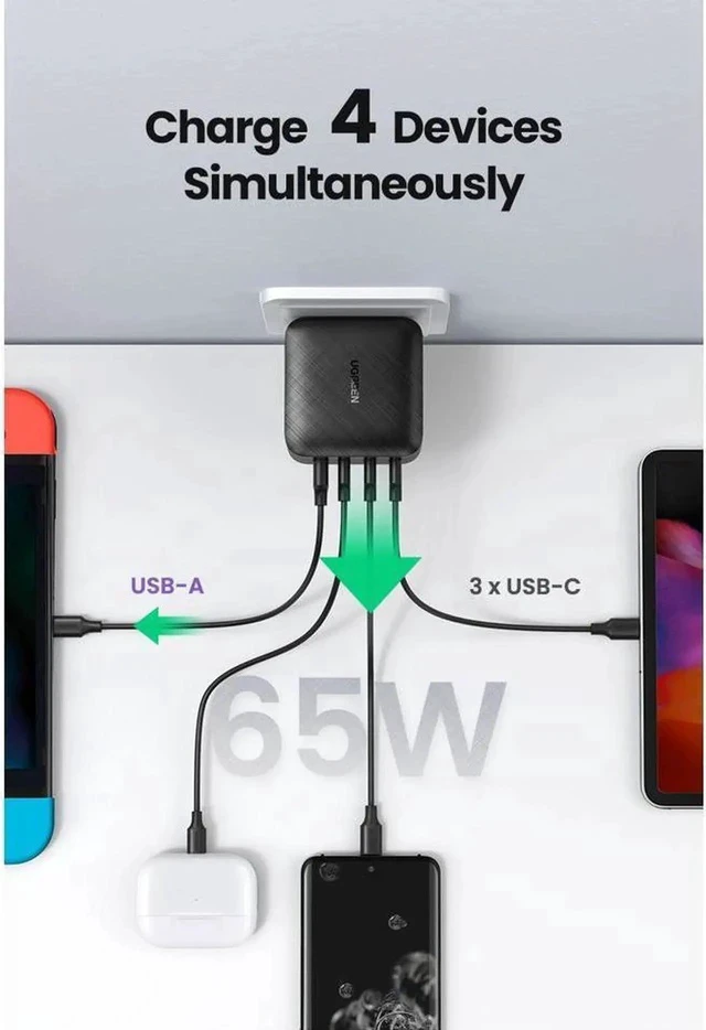 Alt view image 5 of 7 - Extreme Compact GaN Technology 65 Watt USB C Charger. 4-Port Compact iPhone Fast Charger Desktop USB Charging Station For iPhone12 Mini Pro Max/11/11 Pro Max Galaxy Tablet