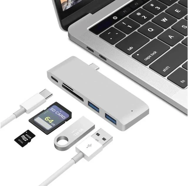 Main image of USB C Hub Adapter. 5 in 1 Type-C Adapter with Aluminum Shell, SD + Micro SD Card Reader + 2 USB 3.0Port + USB-C Power Delivery Port for MacBook Chromebook Pixel Surface Pro -Silver