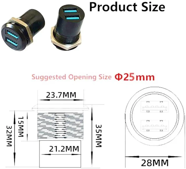 Alt view image 6 of 6 - Dual USB 3.0 Threaded Fixing Mount Adapter Round Connector 2 Female to 2 Female Converter 2 Ports USB 3.0 Mounting Socket 5Gbps 5V 2A for High-Speed Data Transfer Charging
