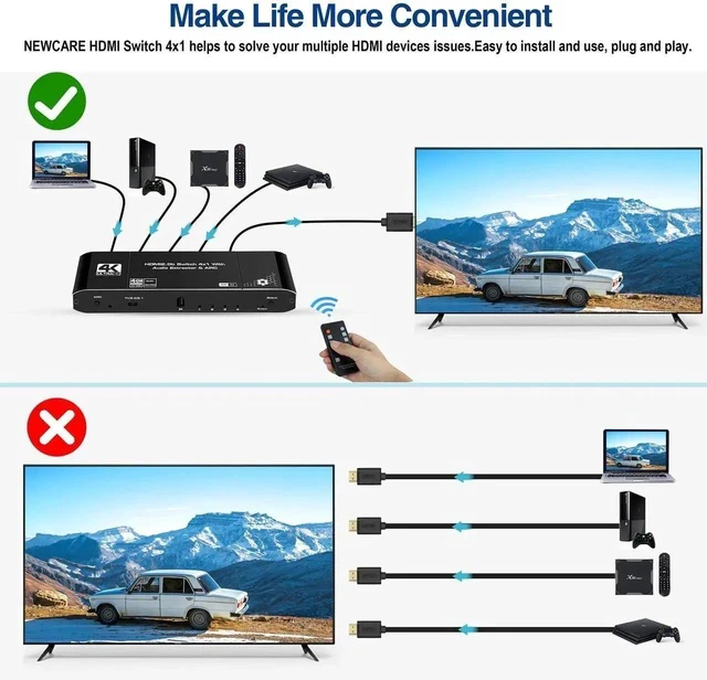 Alt view image 5 of 7 - 4K@60Hz 4x1 HDMI Switch Audio Extractor with Optical Toslink SPDIF/Coaxial/3.5mm Audio Out, 4 Ports HDMI 2.0b Switcher with Remote Control Support ARC, HDCP 2.2, 3D