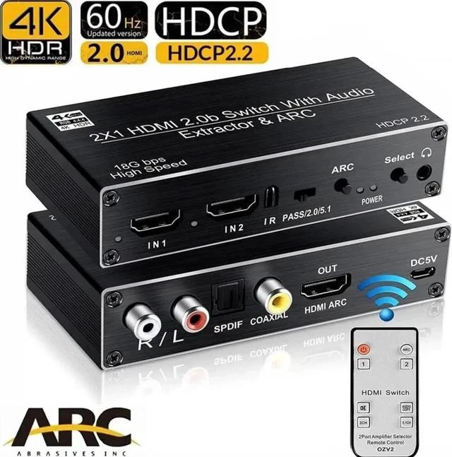 Main image of OZV2 2x1 HDMI Switch with Audio Extractor, 4K@60Hz 2 in 1 Out HDMI Switcher, Optical TOSLINK SPDIF, Coaxial, 3.5mm L/R Audio, ARC, IR Remote, Support 3D & 1080P@120Hz for Game Consoles, Laptops, HDTV,