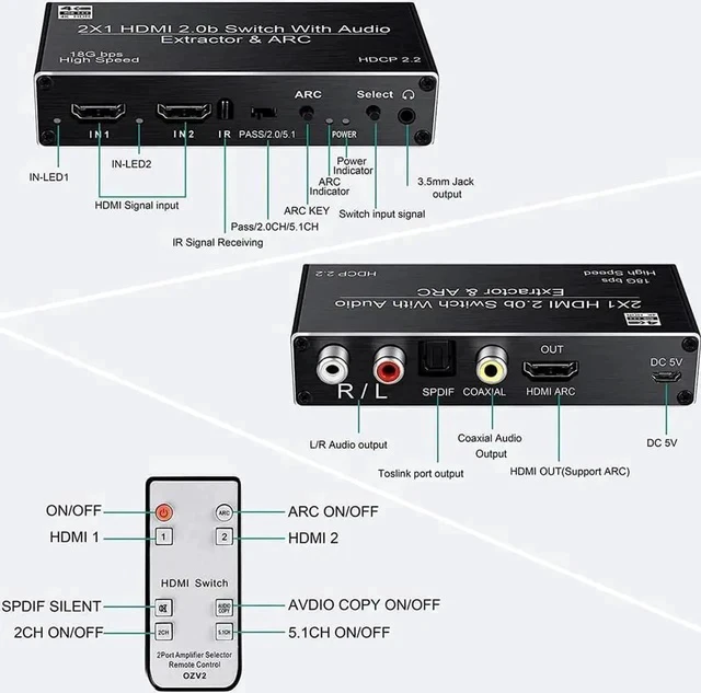 Alt view image 6 of 7 - OZV2 2x1 HDMI Switch with Audio Extractor, 4K@60Hz 2 in 1 Out HDMI Switcher, Optical TOSLINK SPDIF, Coaxial, 3.5mm L/R Audio, ARC, IR Remote, Support 3D & 1080P@120Hz for Game Consoles, Laptops, HDTV,