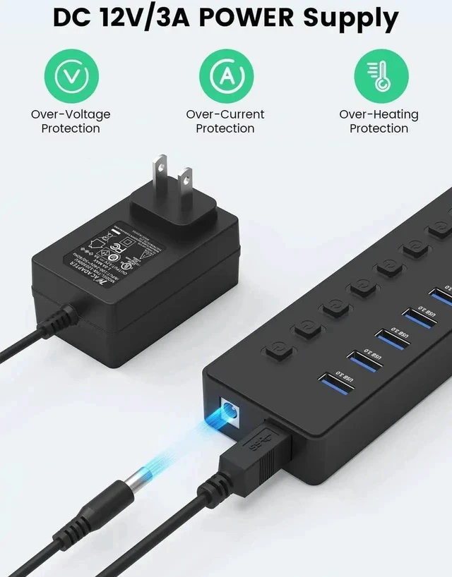 Alt view image 2 of 7 - Powered USB Hub, 11-Port USB 3.0 Hub (7 Faster Data Transfer Ports+ 4 Smart Charging Ports), Individual Switches and 12V/3A Power Adapter, USB Port Expander for Laptop/PC, U11HUB