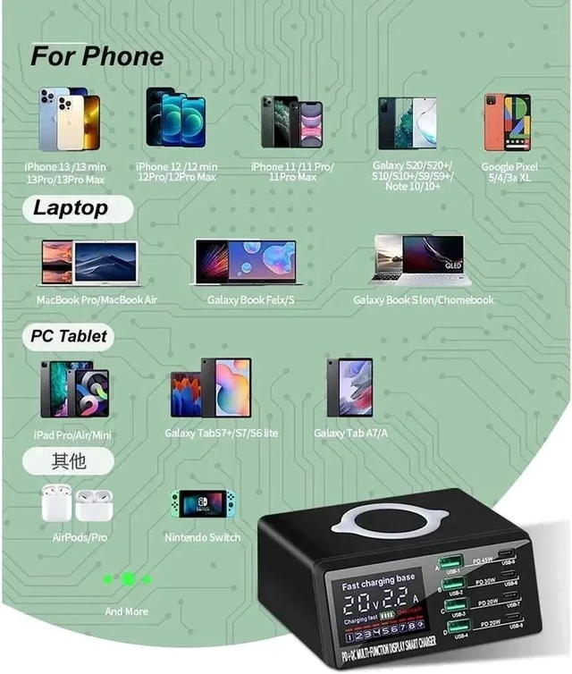 Alt view image 7 of 7 - 110W Charging Station with Wireless Charging, 8-Port USB Charging Station, Desktop Laptop Charger Portable USB-C Power Adapter for iPhone iPad Tablets Smartphones, Home Office Use