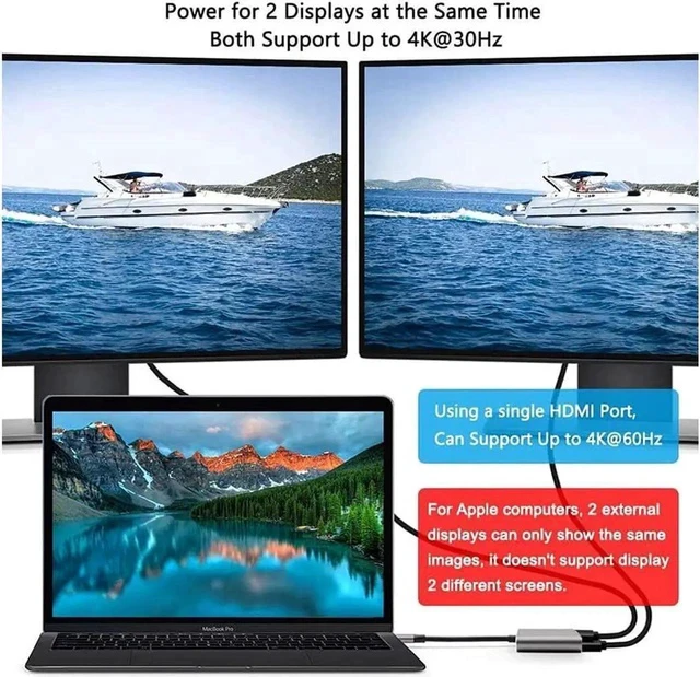 Alt view image 2 of 7 - 4 in 1 Hub Type C to Dual HDMI-Compatible USB Hub 3.0 Port, USB C to Dual HDMI-Compatible Adapter 4K Compatible with MAC OS, Windows, Android, Linux