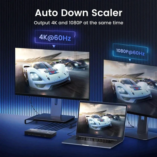 Alt view image 2 of 7 - 4K@60Hz HDMI Switch Splitter 2 in 4 Out with Remote, 2x4 HDMI Splitter Switcher 4K with SPDIF & 3.5mm Audio,Support 4K,3D,1080p,HDCP2.2,HDR 10 for PS5/4,Xbox,Fire Stick,etc
