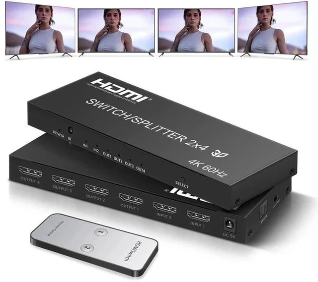 Main image of 4K@60Hz HDMI Switch Splitter 2 in 4 Out with Remote, 2x4 HDMI Splitter Switcher 4K with SPDIF & 3.5mm Audio,Support 4K,3D,1080p,HDCP2.2,HDR 10 for PS5/4,Xbox,Fire Stick,etc