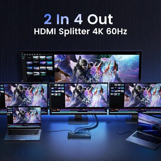 Alt view image 3 of 7 - 4K@60Hz HDMI Switch Splitter 2 in 4 Out with Remote, 2x4 HDMI Splitter Switcher 4K with SPDIF & 3.5mm Audio,Support 4K,3D,1080p,HDCP2.2,HDR 10 for PS5/4,Xbox,Fire Stick,etc