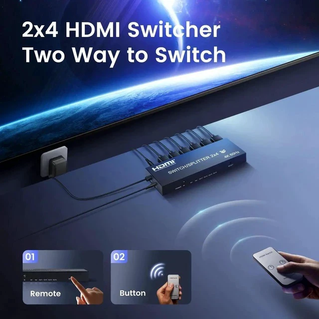 Alt view image 7 of 7 - 4K@60Hz HDMI Switch Splitter 2 in 4 Out with Remote, 2x4 HDMI Splitter Switcher 4K with SPDIF & 3.5mm Audio,Support 4K,3D,1080p,HDCP2.2,HDR 10 for PS5/4,Xbox,Fire Stick,etc