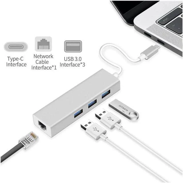 Main image of USB C to Ethernet Type C to Gigabit Ethernet with 3 USB 3.0 Aluminum Adapter, 10/100/1000 Mbps Thunderbolt 3 Compatible, for PC Laptop Windows macOs USB Flash Drives etc, Silver