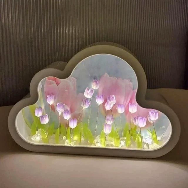 Main image of Gemdeck DIY Tulip Night Light, Cloud Tulip Mirror Night Light, Simulation Flower Bedroom Sleeping Table Lamp Purple