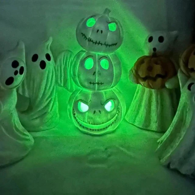 Alt view image 4 of 5 - Gemdeck Halloween Decor Ghost With Pumpkin Light Up Jack-o'-lantern Ceramic Pumpkin Light D