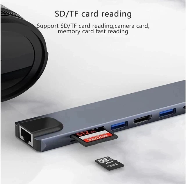Alt view image 2 of 7 - USB Hub,USB C hub,USB hub with USB C Multiport Adapter, USB Splitter with 4K HDMI, 100W PD, USB 3.0, USB2.0, Ethernet, TF/SD Card Reader for MacBook Pro/PC/Laptop/Tablet Devices (Grey 8in1)