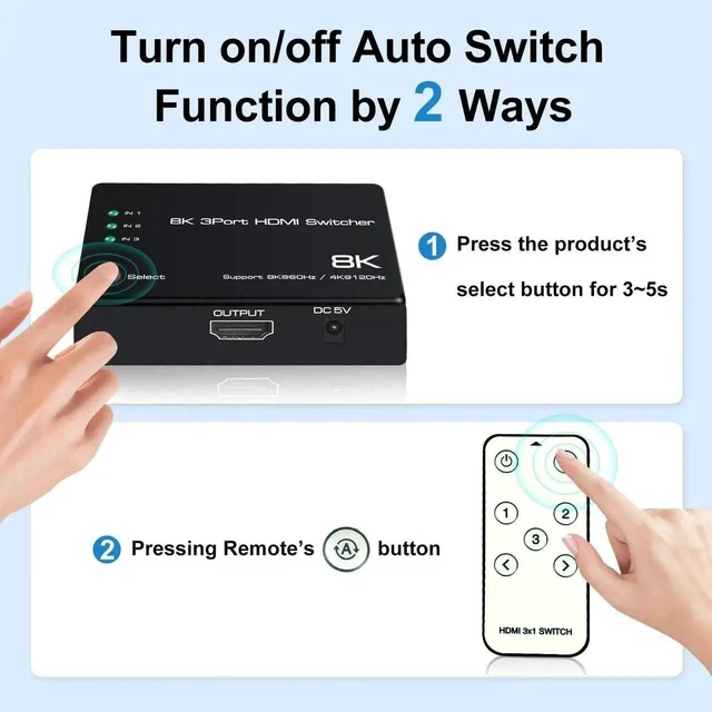 Alt view image 5 of 6 - 8K@60Hz HDMI 2.1 Switch 3 in 1 Out, 4K@120Hz HDMI Switcher 3 Port, 8K HDMI Auto Switch 3X1 Selector with IR Remote for Xbox,PS5,PS4,UHD TV, Support 48Gbps, HDCP 2.3,HDR 10+, 1080P@240Hz