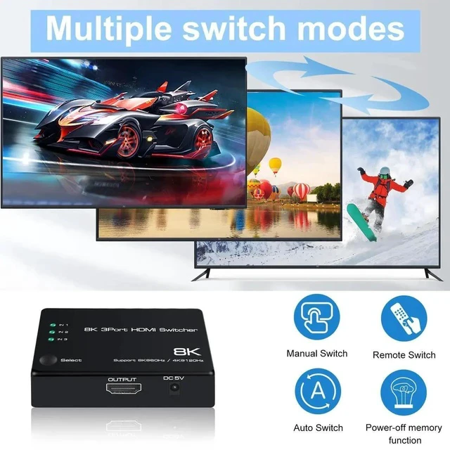 Alt view image 6 of 6 - 8K@60Hz HDMI 2.1 Switch 3 in 1 Out, 4K@120Hz HDMI Switcher 3 Port, 8K HDMI Auto Switch 3X1 Selector with IR Remote for Xbox,PS5,PS4,UHD TV, Support 48Gbps, HDCP 2.3,HDR 10+, 1080P@240Hz