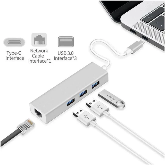 Alt view image 5 of 7 - USB C to Ethernet Adapter with 3 USB 3.0, RJ45 to USB C Thunderbolt 3/Type-C Gigabit Ethernet LAN Network Adapter, for MacBook Pro 16'' 2019/2018/2017, MacBook Air, Dell XPS and More