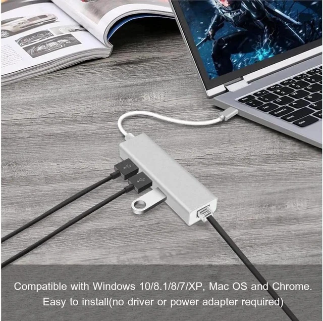 Alt view image 4 of 7 - USB C to Ethernet Adapter with 3 USB 3.0, RJ45 to USB C Thunderbolt 3/Type-C Gigabit Ethernet LAN Network Adapter, for MacBook Pro 16'' 2019/2018/2017, MacBook Air, Dell XPS and More