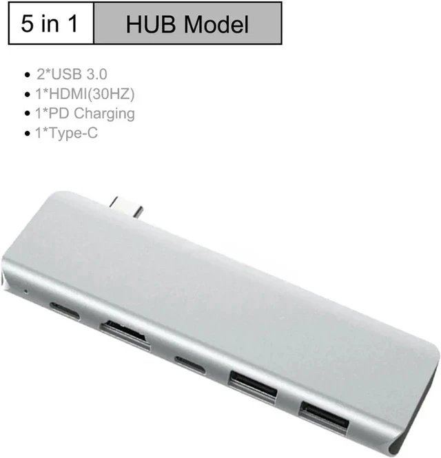 Alt view image 6 of 7 - 5 Ports USB Type C HUB USB-C to 4K 30Hz/60Hz HDMI USB TYPE-C Adapter Inline Version 5 in 1 Computer PC Laptop Splitter Aluminum Alloy