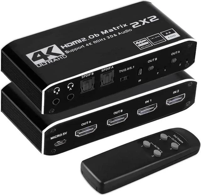 Main image of 2x2 HDMI Matrix, 4K@60Hz 2 in 2 Out HDMI Switch Splitter with IR Remote, HDMI Matrix Switch+2xOptical + 2x3.5mm Audio Output, Support HDMI2.0 HDCP2.2 Auto Downscaler 3D Audio Extractor