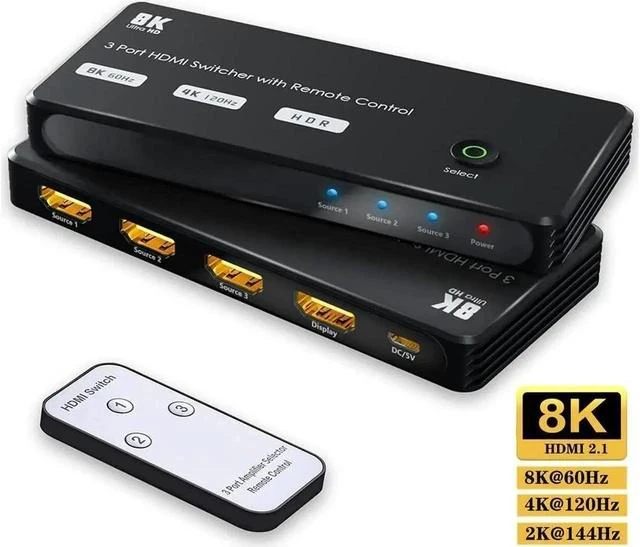 Main image of HDMI 2.1 Directional 3in 1out Switch with IR Remote, 8K 60Hz 4K 120Hz Switcher Adapter 3 in 1 Out Converter Splitte For PC TV PS4 Xbox PS5 Projectors