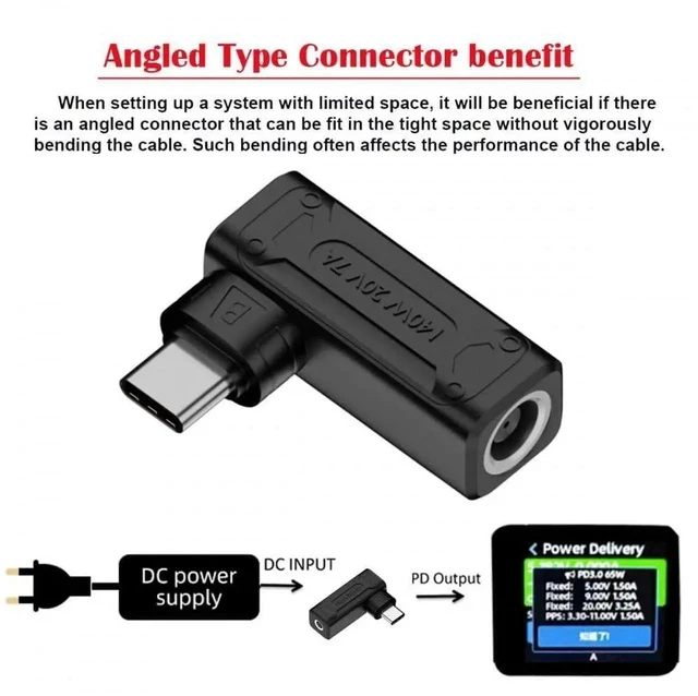 Alt view image 3 of 7 - 140W Max DC 7.4x5.0mm to USB-C PD Power Adapter, 90 Degree Right Angle Converter Plug, Compatible with Laptops, Phones & Type-C Devices