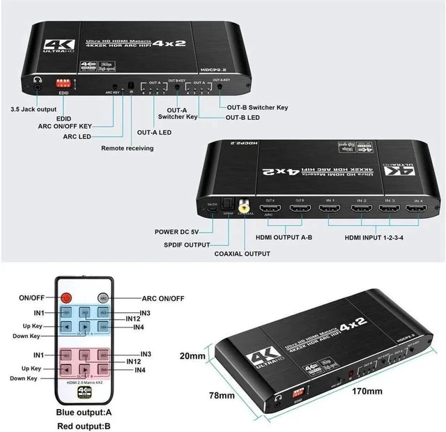 Alt view image 6 of 7 - 4x2 HDMI Matrix, 4K@60Hz 4 in 2 Out HDMI Switch Splitter with IR Remote, HDMI Matrix Switch + Coaxial + Optical + 3.5mm Audio Output, Support HDMI2.0, HDCP2.2, EDID, 3D, Audio Extractor