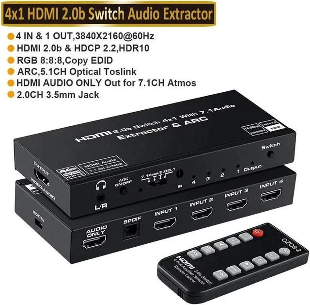Main image of HDMI Switch 4x1 with Audio Extractor 4K@60Hz Ultra HD HDMI Switcher with Optical TOSLINK SPDIF 3.5mm Audio Support ARC Function 3D 1080P @120Hz 4Kx2k@60HzHDTV(IR Wireless Remote Control)