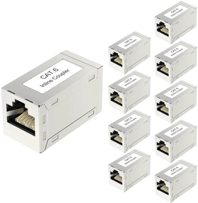 Main image of 10 Pack Silver Shielded RJ45 Cat6 Coupler, Female to Female Inline PoE Ethernet Extender Connector Compatible with Cat5/Cat5e/Cat6 Network Cables