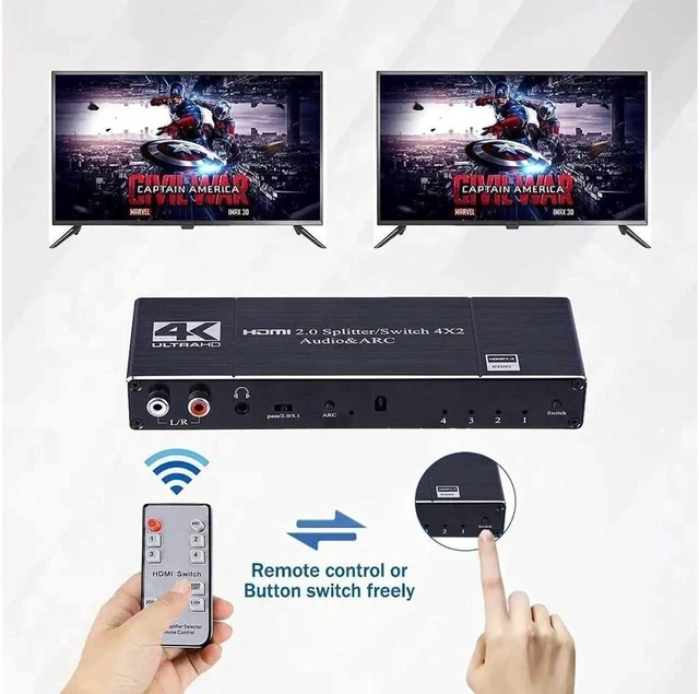 Alt view image 5 of 7 - 4In 2Out HDMI Switch Audio Extractor with Remote Control HDMI 2.0b Switcher with Optical TOSLINK SPDIF R/L 3.5mm Audio Coaxial Out Support ARC Function 6Gbps 4Kx2K@60Hz 3D HDCP 2.2 HDMI