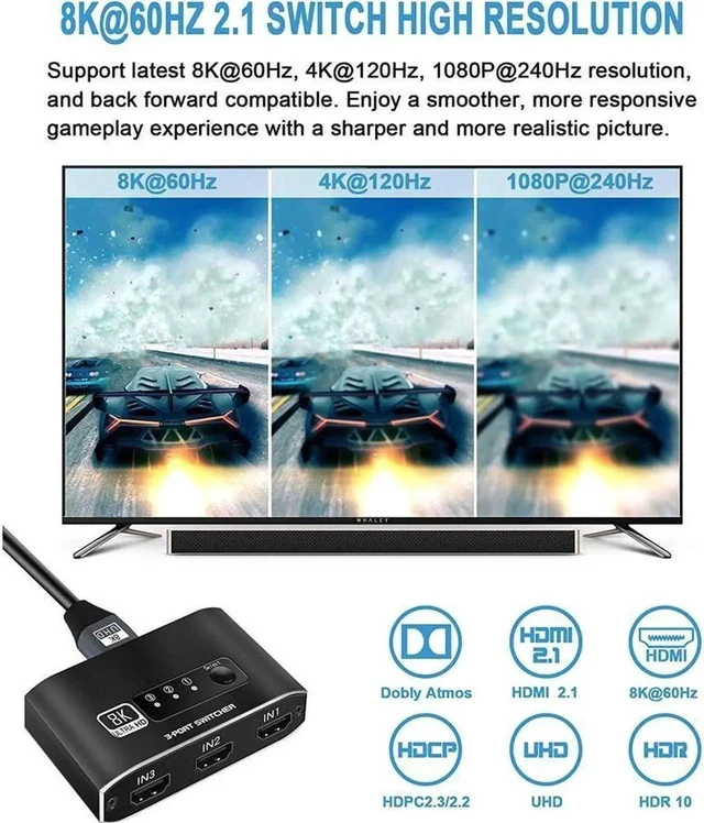 Alt view image 5 of 7 - 8K@60Hz HDMI Switch 3 Port 8K HDMI Switcher Splitter Box 3 in 1 Out 3x1 HDM Switch Selector with 3.9FT HDMI Cable Support 3D HDCP 2.3 HDR 10 Monitor Switch for Fire Stick PS5 Xbox