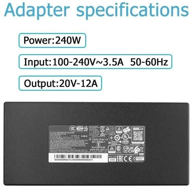 Alt view image 3 of 7 - 240W 20V 12A AC Charger Replacement PN A20-240P2A S93-0409420-C54 4.5×3.0mm Tip for MSI Katana GF66 MS-1583, Pulse GL66 MS-1581 MS-1582, GL76 MS-17L3, Stealth GS66 12UGS 12UH Gaming Laptops