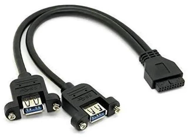 Main image of Black USB 3.0 Front Panel Cable, Dual USB-A Female Screw Mount Bracket to Motherboard 20Pin Internal Header
