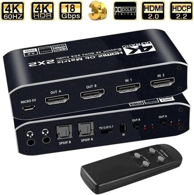 Main image of 4K HDMI Matrix Switch 2X2 2 in 2 Out Video Switcher Splitter 2xOptical SPDIF and 2x3.5mm L/R Audio Output with IR Remote Controller,Support 4K@60Hz 3D 18.5Gbps, HDMI 2.0b, HDCP 2.2,HDR10
