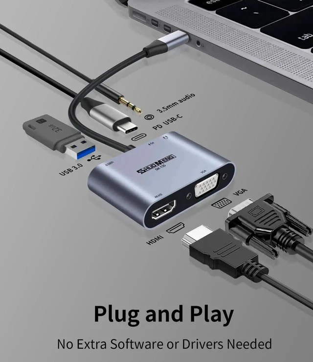 Alt view image 4 of 7 - 5 in 1 USB C Multiport Hub Adapter, Type C to 4K HDMI VGA Splitter with 100W PD Charging, USB3.0 & 3.5mm Audio Jack, Compatible with iPhone 15/16, MacBook, iPad, Switch, Steam Deck, Rog Ally, Samsung
