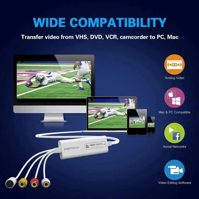 Alt view image 2 of 7 - VHS to Digital Converter, Video Capture USB 2.0 Capture Card Device, Convert Analog to Digital, with VHS Hi8 VCR TV Mini DV to DVD Digital Adapter, for Mac OS Android WinXP/7/8/10