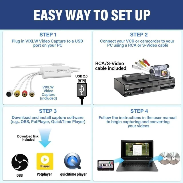 Alt view image 7 of 7 - VHS to Digital Converter, Video Capture USB 2.0 Capture Card Device, Convert Analog to Digital, with VHS Hi8 VCR TV Mini DV to DVD Digital Adapter, for Mac OS Android WinXP/7/8/10