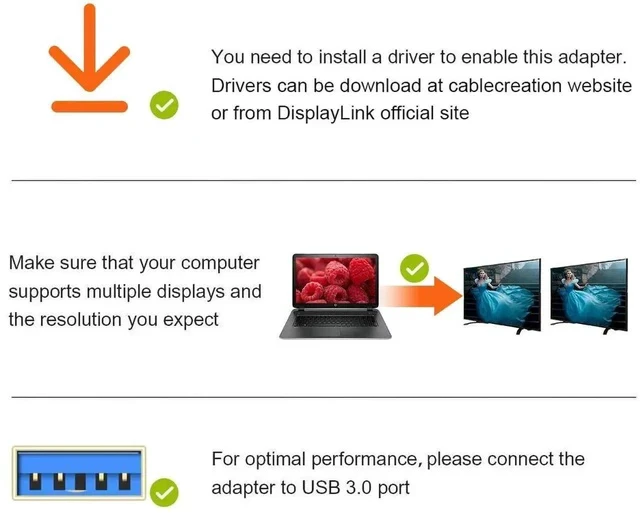 Alt view image 6 of 6 - USB 3.0 to HDMI Adapter with Built-in DisplayLink Chip, External USB Graphics Video Converter, 1080P Full HD Multi-Monitor Extender, White, Compatible with Windows 7/8/8.1/10 & MacOS