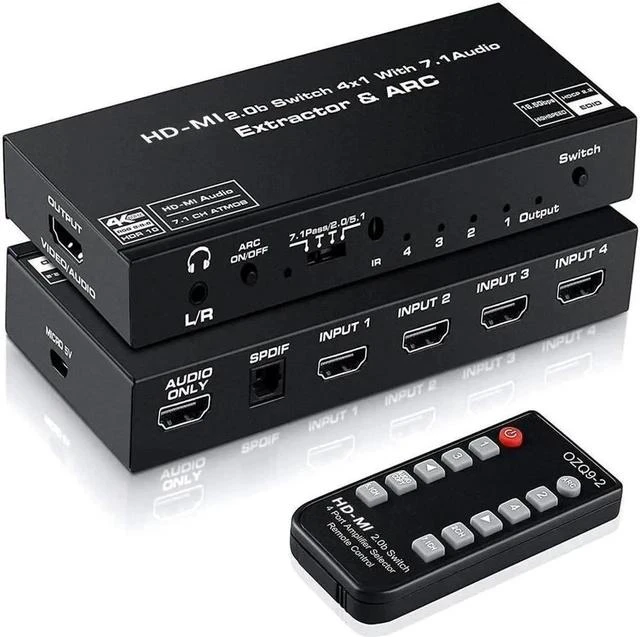 Main image of HDMI Switch 4x1 with Audio Extractor 4K@60Hz Ultra HD HDMI Switcher with Optical TOSLINK SPDIF 3.5mmAudio Support ARC Function 3D 1080P@120Hz 4Kx2k @60Hz HDTV(IR Wireless Remote Control)
