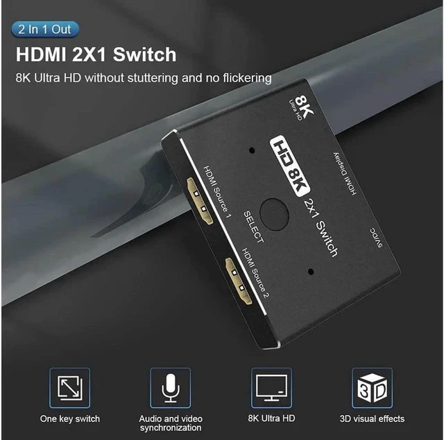 Alt view image 4 of 7 - 8K Switcher HDMI-Compatible 2.1 Switch Splitter KVM 2 in1 Out Ultra HD 8K@60Hz 4K@120Hz High Speed 48Gbps Switch Adapter with Switch Button for Computer Laptop 2 Sources to 1 Display