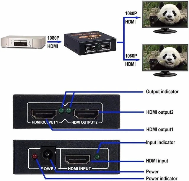 Alt view image 3 of 7 - HDMI Splitter 1 in 2 Out -4K Hdmi Splitter 1x2 Ports v1.4 Powered 4K/2K Full Ultra HD 1080p US Adapter 3D Support